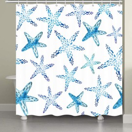 JAWO Cute Starfish Shower Curtains for Bathroom, Watercolor Starfishes Sea Life Marine Culture Fabric Shower Curtain 69 X 70 Inches Blue White