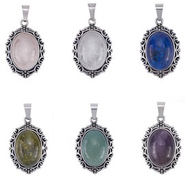 SUNNYCLUE 1 Box 6Pcs 6 Styles Natural Gemstone Charms Crystal Stone Charm Bulk Oval Alloy Antique Silver Colorful Gem Stones Pendants for Jewellery Making Supplies DIY Craft Necklace Bracelet Earring