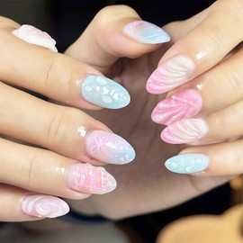 24pcs Cute Press on Nails Medium Almond Fake Nails with 3D Designs Summer False Nails Kit Flower Glue on Nails Bow Acrylic Nails Gradient Full Cover Stick on Nails for Women Beach Nail Decoration