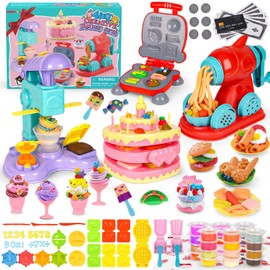 4-in-1 Playdough Sets for Kids Ultimate Play Dough 24 Clay Creative Kitchen Set Ice Cream Hamburger Cake Noodle Maker Arts Crafts Food Toys with Tools Gifts for Boy Girl Kids Age 3 4 5 6 7 8