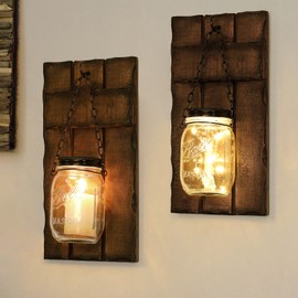 Iowuee Wall Candle Sconces Set of 2, Wall Candle Holder Rustic Home Decor, Farmhouse Wall Mounted Wooden Candle Holders with Lights, Wall Decorations for Bedroom, Living Room, Kitchen, Bathroom