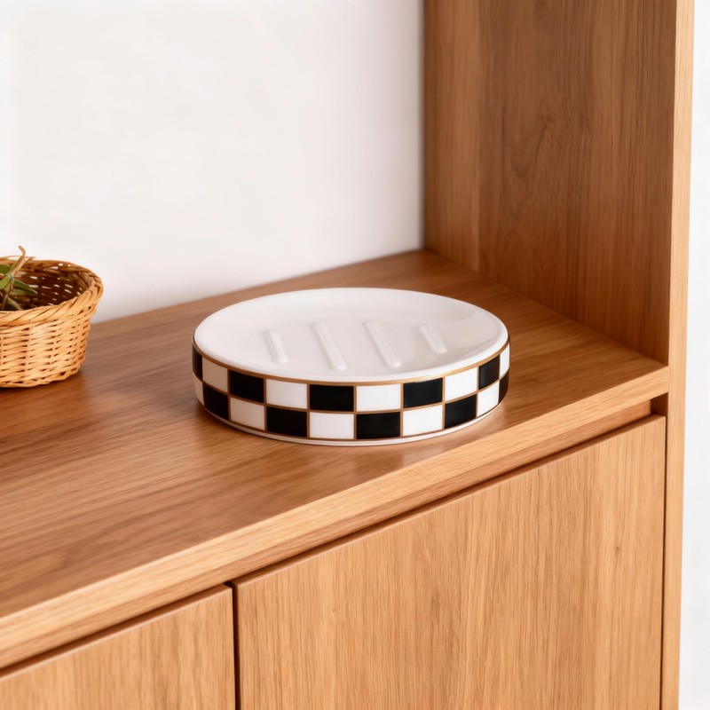 Ceramic Checkered Soap Dish,Black&White Soap Dish for Bathroom Sink, Bar