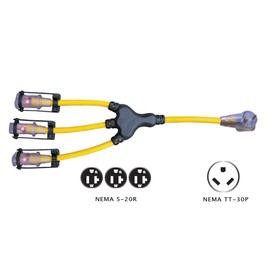 Voltec 04-00215 2ft 10/3 TT-30P Generator"W" Adapter w/E-Zee Lock & (3X) 5-20R Lighted Receptacles