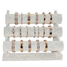 Grey Velvet 3-Tier Detachable Jewelry Display Stand - Bracelet & Watch Display Rack with Scrunchies Holder, T-Bar Necklace Organizer for Home/Boutique Storage