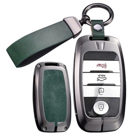 ontto Smart Remote Key Fob Protector with Keychain Metal and Leather Key Case with Clear TPU Front Cover Fit for Kia Optima Sorento Rio Rio5 Forte NIRO K3 K4 K5 Sportage Sedona Soul Cerato,Green