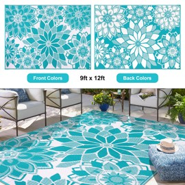 LOKHOM Outdoor Rug for Patio, 9' x 12' Reversible Plastic Straw Area Rugs Mat, Waterproof Mat for Camper Indoor Outdoor Carpet for Rv Deck Porch Picnic Beach Balcony, Teal & White