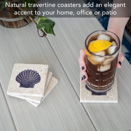 Thirstystone Scallop Shell 4 Pack Natural Travertine Absorbent Stone Coasters with Protective Cork Backing Manufactured in The USA
