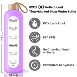 PROBTTL 32 Oz Borosilicate Glass Water Bottle with Time Marker Reminder Quotes, 1 Liter Leak Proof Reusable BPA Free Motivational Water Bottles with Silicone Sleeve and Bamboo Lid
