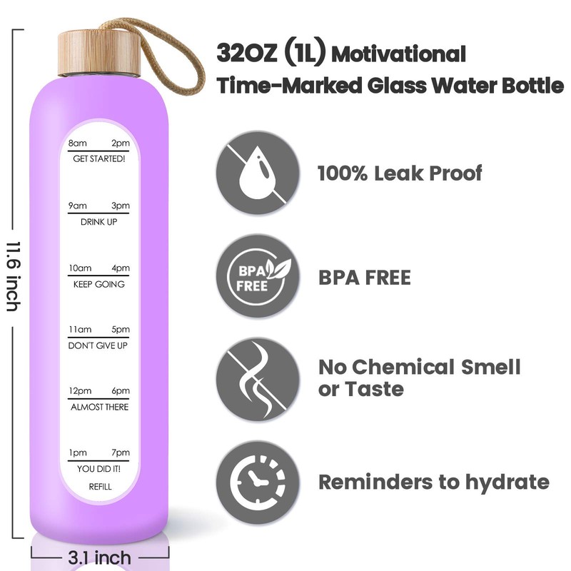 PROBTTL 32 Oz Borosilicate Glass Water Bottle with Time Marker