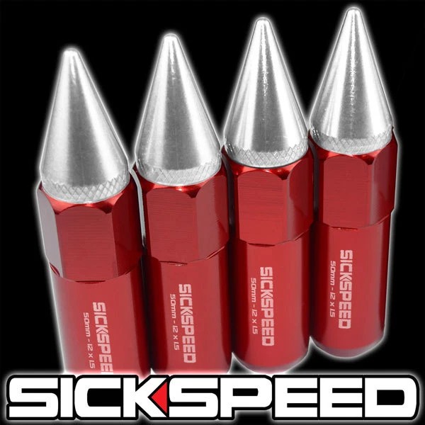 SICKSPEED 4 PC RED/POLISHED SPIKED ALUMINUM 60MM LUG NUTS WHEELS/RIMS