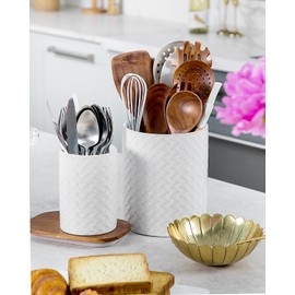 Utensil Holder - 7.1"+5.4" Ceramic Utensil Holder for Kitchen Counter, Large Utensil Crock Flatware Organizer Spatula Holder for Counter, Farmhouse Embossed Vase for Housewarming, Home & Kitchen Decor