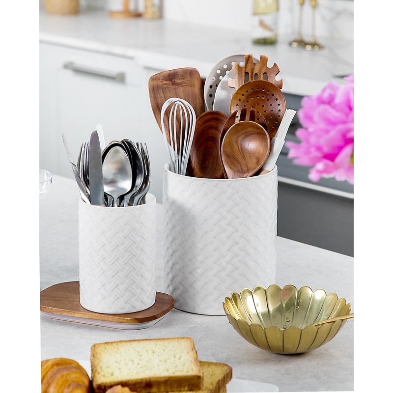 Utensil Holder - 7.1"+5.4" Ceramic Utensil Holder for Kitchen Counter,