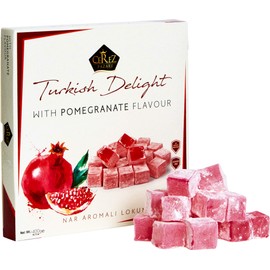 Turkish Delight with Pomegranate Flavor 16 oz Gourmet Medium Size Snacks Gift Box | No Nuts Sweet Luxury Traditional Confectionery Vegan Soft Candy Dessert Glucose Free Lokum (Loukoumi) Approx.42 Pcs