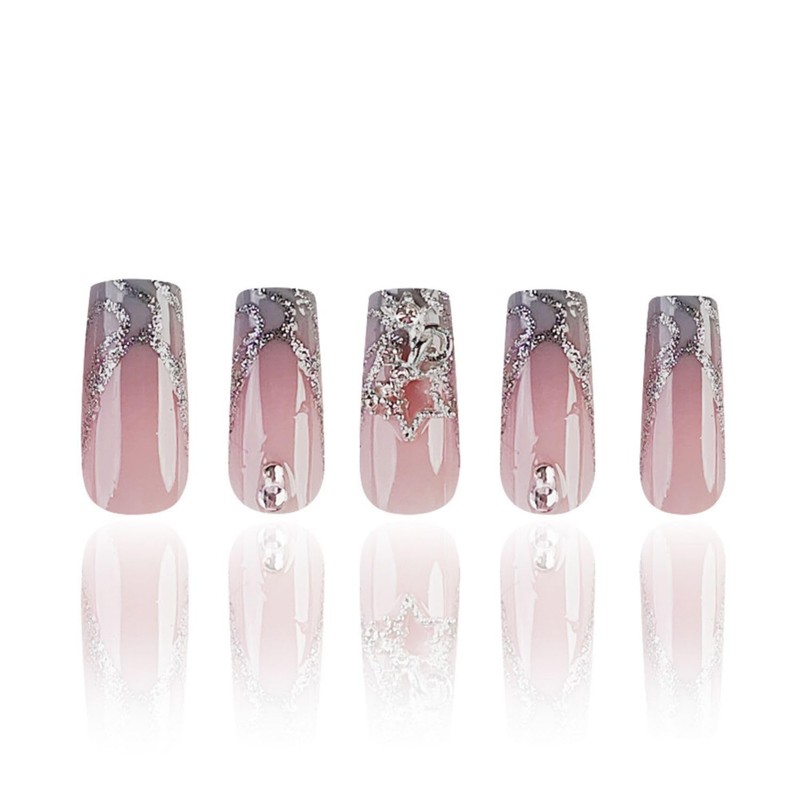 Long Square Press on Nails French Tip Blue Glue on