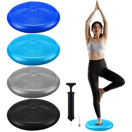 Sotiff 4 Pcs Inflated Wobble Cushion Flexible Wiggle Seat 14” L x 3.2” H Stability Balance Disc with Pump for Sensory Kids Adult Physical Exercise Equipment(Black, Gray, Dark Blue, Light Blue)