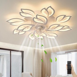 35''Ceiling Fans with Lights, Modern Ceiling Fan with Lights and Remote, Dimmable Bladeless Ceiling Fans Light, Low Profile Ceiling Fan 6 Speed Reversible Blades Timing 130W for Kids Bedroom White