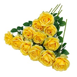 ATFL Lote de 12 rosas artificiales amarillas, flores artificiales amarillas, tallos amarillos, flores artificiales a granel, rosas artificiales de seda, rosas artificiales con tallos