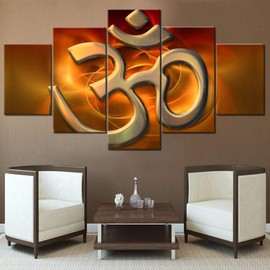Home Decorations for Living Room Golden Aum Paintings Brahman in Hinduism Wall Art Contemporary Artwork 5 Panel Prints on Canvas Om Symbol Pictures Giclee Framed Stretched Ready to Hang(60''Wx32''H)