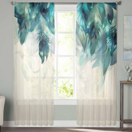 MACONAA Ombre Green Blue Sheer Curtains 84 Inches Long, Abstract Peacock Feather Curtain Sheer for Living Room Decor, Rod Pocket Window Art Painting Voile Curtain Drapes for Bedroom 2 Panel