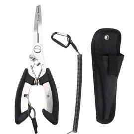 EATAKWARD Stainless Steel Fishing Pliers Hook Remover Scissors, Fishing Tool Set with Sheath Safety Coiled Lanyard Fishing Accessories Fishing Gear and Gift for Fishermen, Black