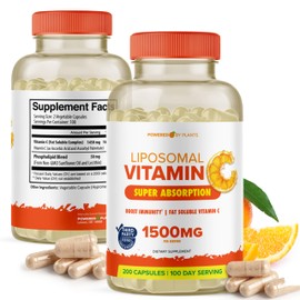 POWERED X PLANTS Liposomal Vitamin C Capsules - 1500mg Buffered High Absorption Vitamin C Supplement & Collagen Booster - Fat Soluble Immunity Support Ascorbic Acid Supplement 200 Vegan Capsules