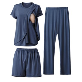 Rnxrbb 3 Piece Postpartum Nursing Pajamas Set Casual Soft Maternity Breastfeeding Pjs Sleepwear Loungewear Clothes Layer, Navy, Large