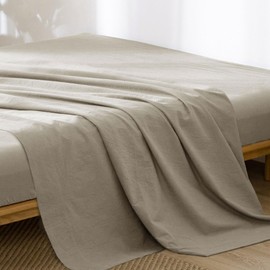 MooMee Flat Top Sheet Only 100% Washed Cotton Linen Like Textured Breathable Durable Soft Comfy (Tannish Linen Grey, King)