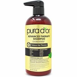 PURA D'OR 16 Oz Advanced Therapy Shampoo Reduces Hair Thinning & Increases Volume, No Sulfate, Biotin Shampoo Infused with Argan Oil, Aloe Vera for All Hair Types, Men & Women