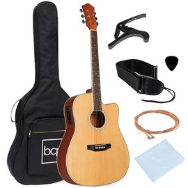 Best Choice Products Beginner Acoustic Electric Guitar Starter Set 41in w/All Wood Cutaway Design, Case, Strap, Picks - Natural