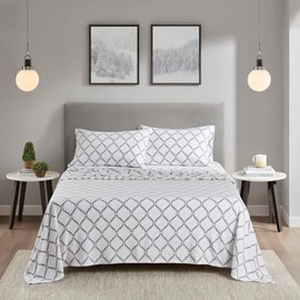 3 Piece Deep Pocket Cozy & Ultra-Soft Hand Feel Fleece Sheets Twin Set with Fully Elastic Fitted Sheet | All Seasons Fall Bedding Pretty White Light Grey Print Warm Plush Luxury Bedsheet Set