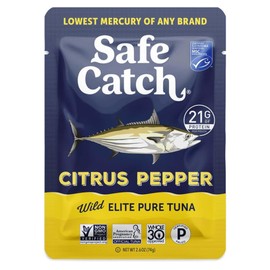 Safe Catch Elite Lowest Mercury Wild-Caught Tuna Pouch Citrus Pepper Seasoned Fish, Gluten-Free, Paleo, Keto, Non-GMO, High Protein Food, 2.6oz Packets, Pack of 12