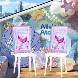 Newleafly 2 PCS Dining Chair Slipcovers, Kids Mermaid Birthday Chair Back Cover for Mermaid Theme Birthday Party and Kitchen Dining Chair Covers Decoration
