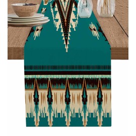 Southwest Aztecs Table Runner-Cotton Linen- 72 Inch Holiday Dresser Scarves, Native American Teal Green Brown Boho Tablerunner for Kitchen Coffee/Dining Bedroom Living Room Dinner Scarf Décor 13x72