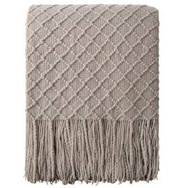 NTBAY Acrylic Knitted Throw Blanket, Lightweight and Soft Cozy Decorative Woven Blanket with Tassels for Travel, Couch, Bed, Sofa, 51 x 67 Inches, Taupe Checkered