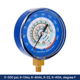 MEASUREMAN Refrigeration Pressure Gauge, 3-1/8” Blue Dial, 30inHg-250psi, 250-500psi Retarded Range, Adjustable Pointer, 1/8” NPT Lower Mount, Compatible with R-134a, R-404A, R-22, R-410A, Degree F