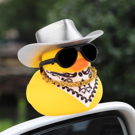 wonuu Car Dashboard Ornaments Rubber Ducks, Yellow Glitter Cowboy Hat Duck Decoration with Mini Cap Necklace Sunglasses (Sliver Cowboy)