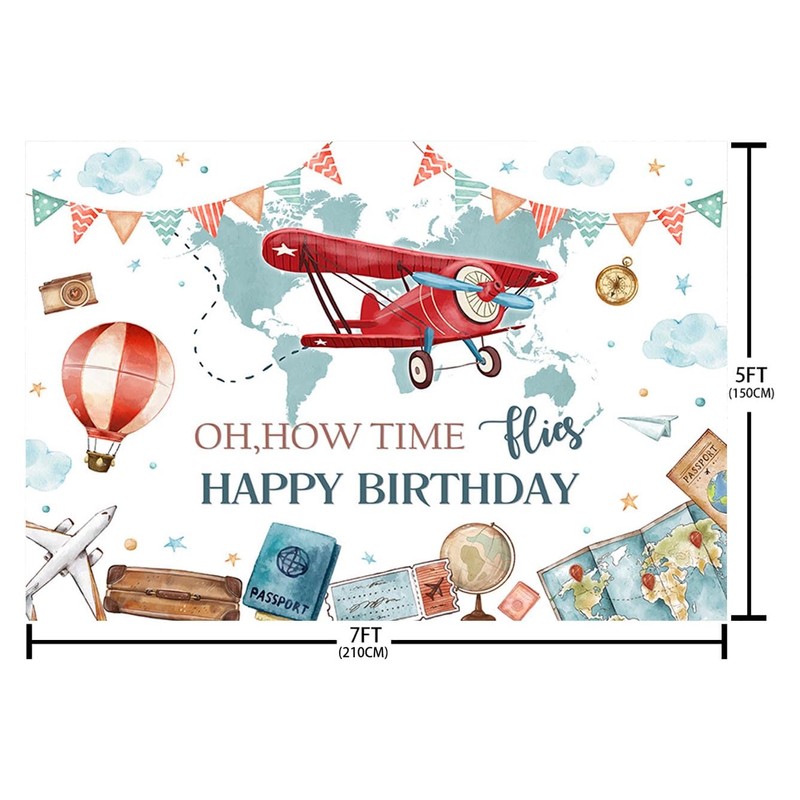 AIBIIN 7x5ft Time Flies Birthday Decoration Backdrop Airplane Birthday Backdrop