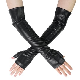 Luwint Long Fingerless Gloves, Faux Leather Women Elbow Length Sleeve for Dress Opera Party, Black (XS-M)