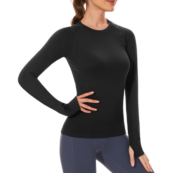 Stelle Women Workout Shirts Seamless Long Sleeve Yoga Tops with Thumb Holes for Sports Running Breathable Athletic Slim Fit (Black,M)