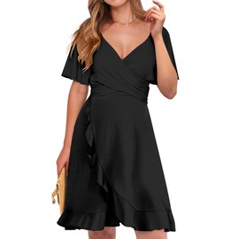 Caracilia Womens Summer Wrap Mini Dress Casual V Neck Short Sleeve Ruffle Hem Cocktail Wedding Guest Dresses Black X-Large