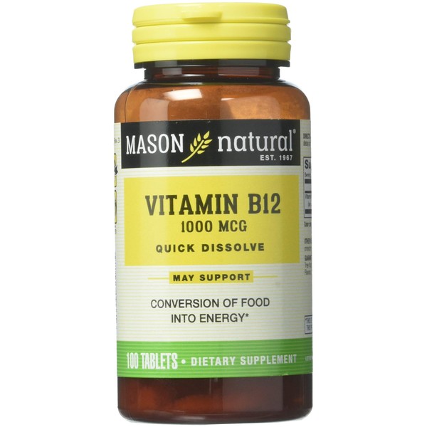 MASON NATURAL Vitamin B12 1000 mcg Quick Dissolve - Healthy Conversion of Food into Energy, Supports Nerve Function and Health, 100 Tablets