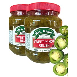 Mrs Kleins Sweet Relish Blended With Spicy Jalepeno Peppers | Sweet & Hot Relish Perfect for Chicago Dogs, hotdogs, hamburgers, chicken sandwiches and deli sandwich | sweet n hot relish
