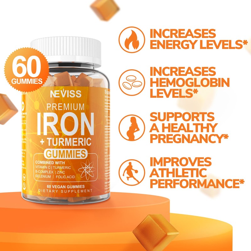 NEVISS 2 Pack Iron Gummies with Turmeric, Vitamin C+ Sugar