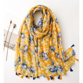 AssoetedFun Yellow Scarfs for Women Lightweight Blue Flowers Floral Print Scarf Shawl Fashion Gift Scarves Sunscreen Shawls for Spring Summer, 180 X100 cm