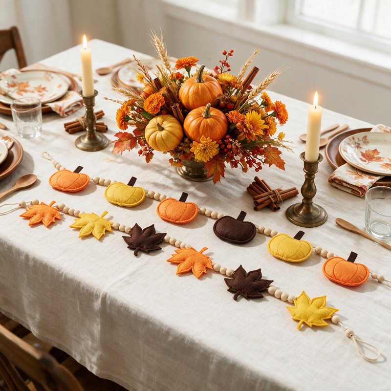 2 Pack Fall Wood Bead Garland Felt Pumpkin Maple Leaf