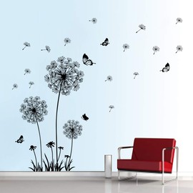 Decalmile - Calcomanías de pared de diente de león con flores voladoras, mariposas, pegatinas de pared de diente de león, arte de pared para sala de estar, recámara (negro)