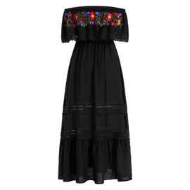 IBTOM CASTLE Mexican Dresses for Women: Traditional Off-Shoulder Floral Embroidery Sleeveless Cinco de Mayo Fiesta Party Boho Long Dress Wedding Homecoming Birthday Summer Beach Sundress Black S