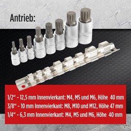 TECPO XZN Internal Multi-Tooth Socket Spanner Set M4 M5 M6 M8 M10 M12 M14 M16 12-Point Sockets Bit Socket Set 1/2 Inch - 3/8 Inch - 1/4 Inch 8-Piece Set