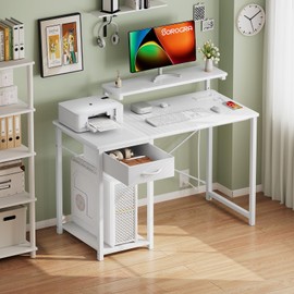 SOROGRA Computer Desk with Adjustable Monitor Stand, 39.4 in Small Desk with Reversible Storage Shelves, Office Desk with Spacious Desktop Spaces for Home Bedroom Workstation, White