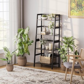 HITNET Ladder Shelf Black, 4-Tier Bookshelf, Freestanding Bathroom Storage Rack with Bamboo Frame, Plant Display Stand for Living Room, Kitchen, Home Office